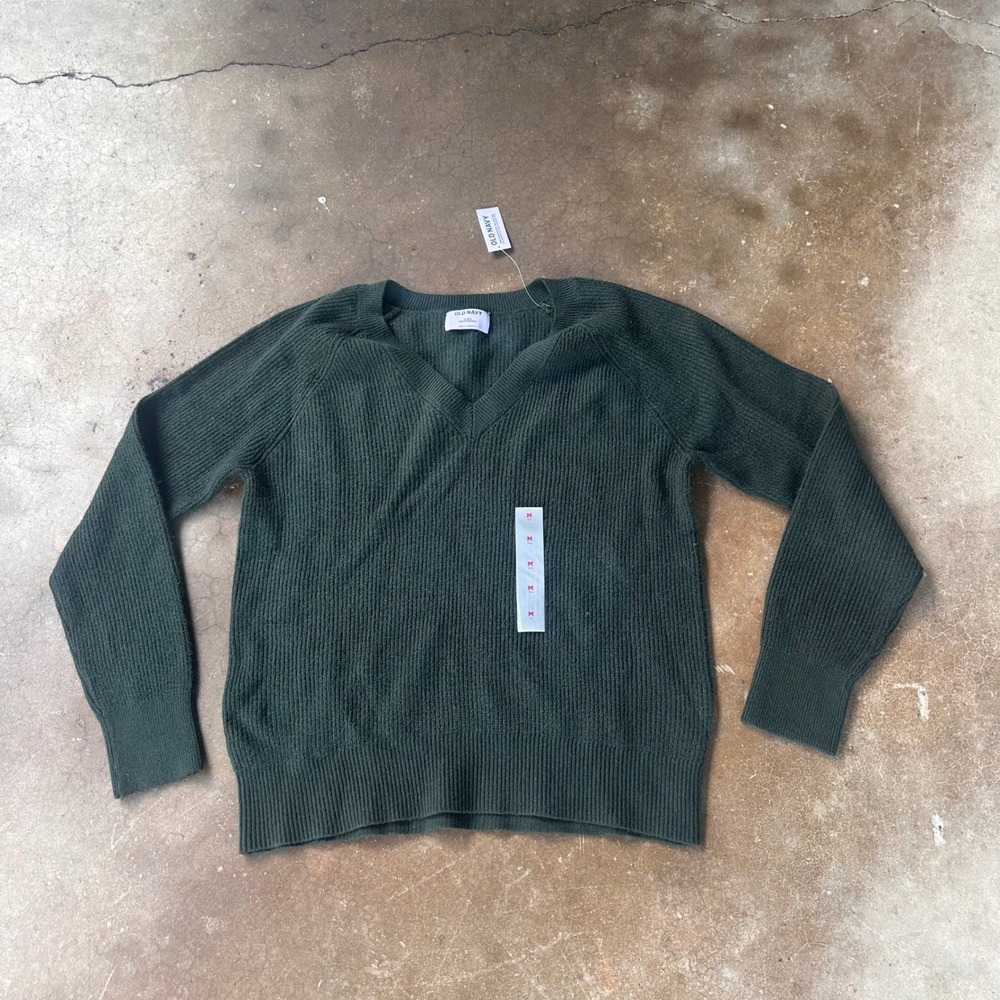Old Navy V-Neck Sweater Mens M Tall Green NWT Shaker Stitch Ribbed Raglan Sleeve